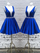 Deep V Neck Royal Blue Short Satin Prom Dresses, Royal Blue V Neck Short Formal Homecoming Dresses